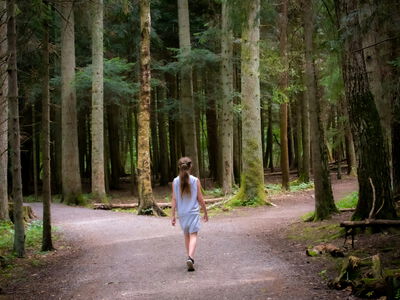 Picture of a woman from behind. She is walking in the woods and coming to a fork in the road. Which way to go? Image by Einar Storsul via Unsplash