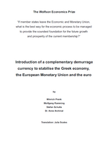 Titelblatt eines Beitrags zum Wolfson Economics Prize über die Möglichkeit einer aternativen Währung für Griechenland. Klick aufs Bild öffnet den englischen Beitrag als pdf.