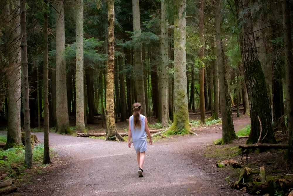 Picture of a woman from behind. She is walking in the woods and coming to a fork in the road. Which way to go? Image by Einar Storsul via Unsplash